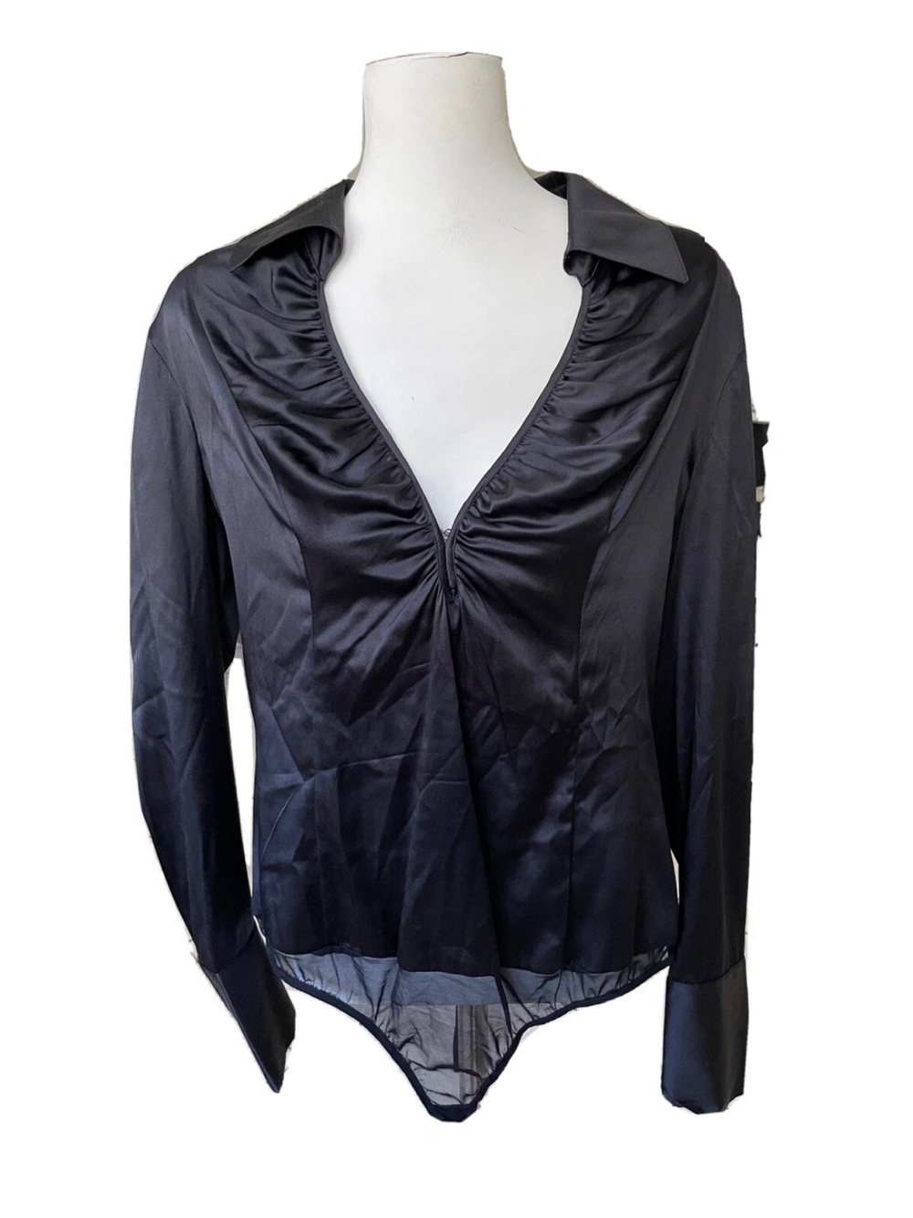 Marciano Black Satin V-Neck Long Sleeve Bodysuit Top